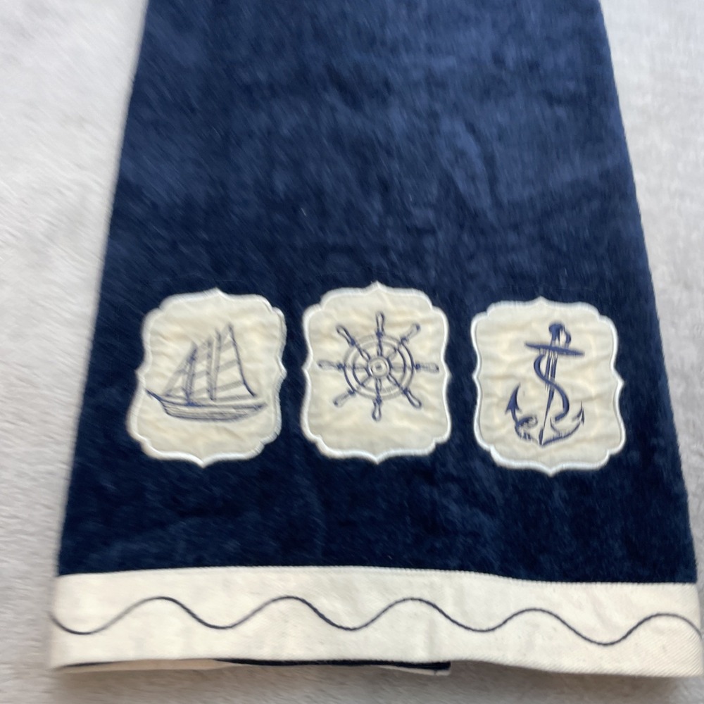 Vintage Avanti Nautical Bath Towel Navy Cream 100% Cotton Coastal‎ Beach Sailor